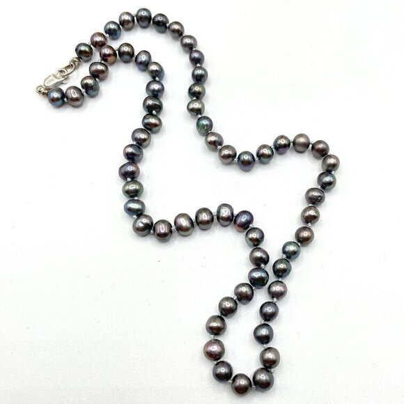 Genuine Black Freshwater Pearls Sterling Silver .925 Clasp 17" Long - Picture 2 of 7